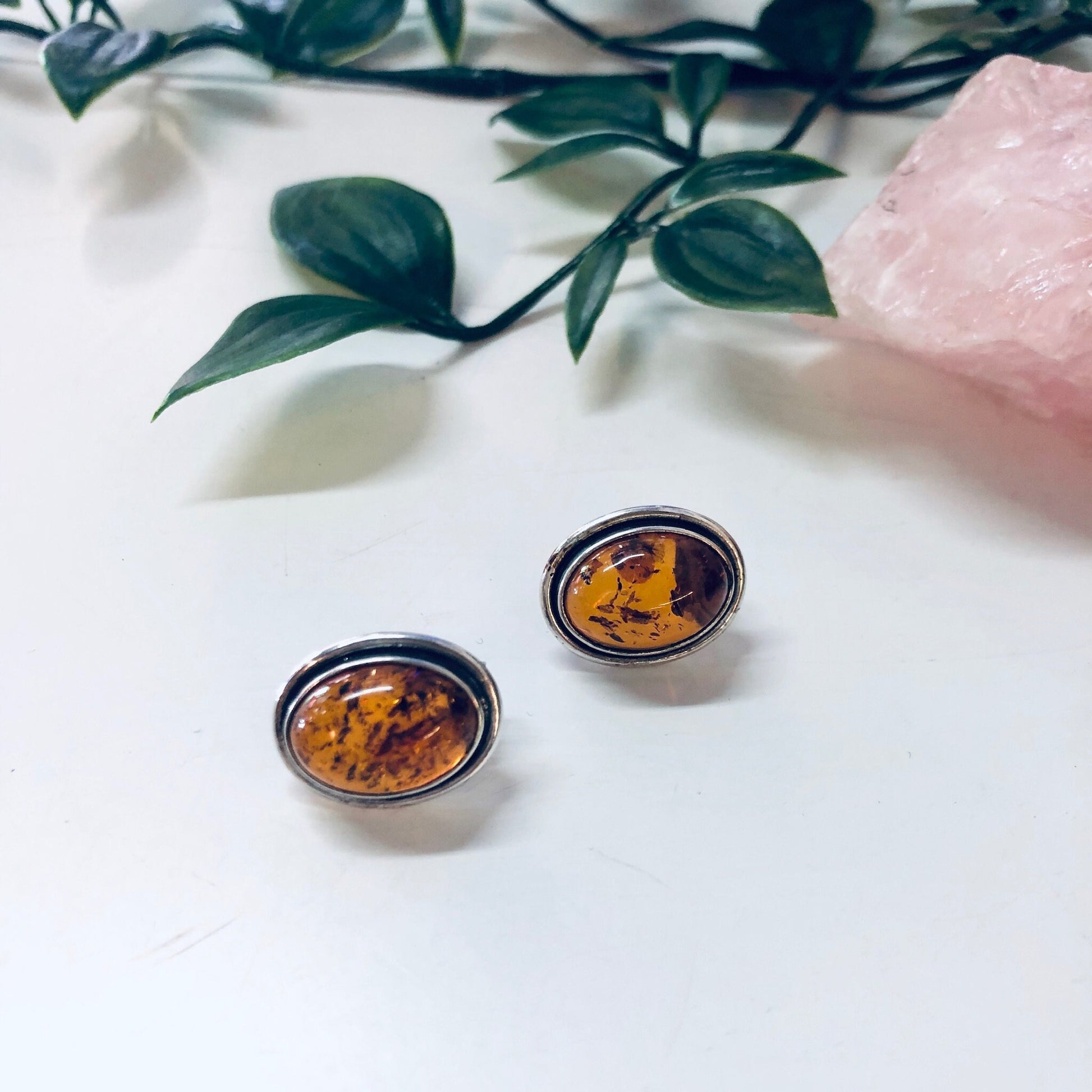 Vintage silver and amber stud earrings with pierced posts resting on white surface next to green leafy plant stems