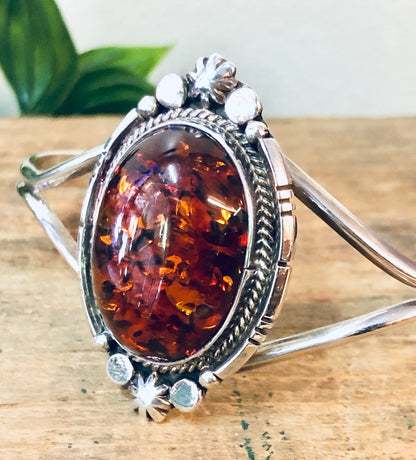 Vintage amber and silver cuff bracelet with orange gemstones, perfect Valentine's Day or anniversary gift for wife or girlfriend.