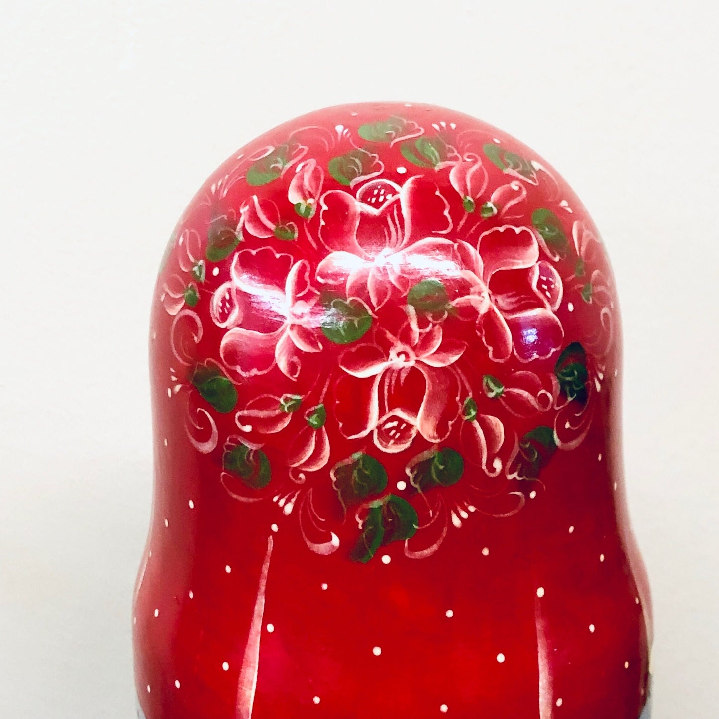 Red floral hand-painted Russian nesting dolls, set of 7 matryoshka dolls, signed vintage collectible toy