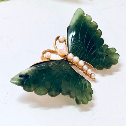 Vintage green jade butterfly brooch with faux pearls and gold tone metal, pin closure, antique jewelry accessory