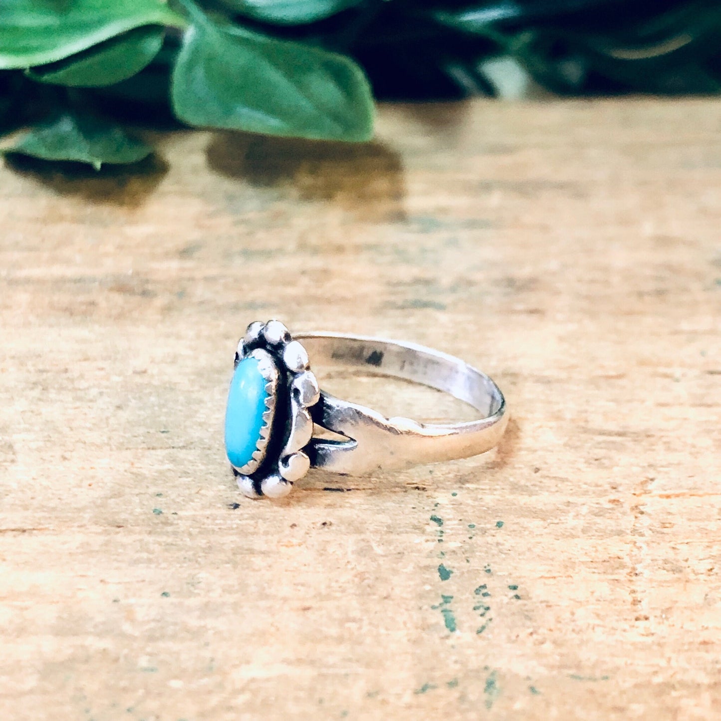 Vintage silver and turquoise pinky ring with ornate detailing, set against a rustic wooden surface with green succulent leaves in the background.