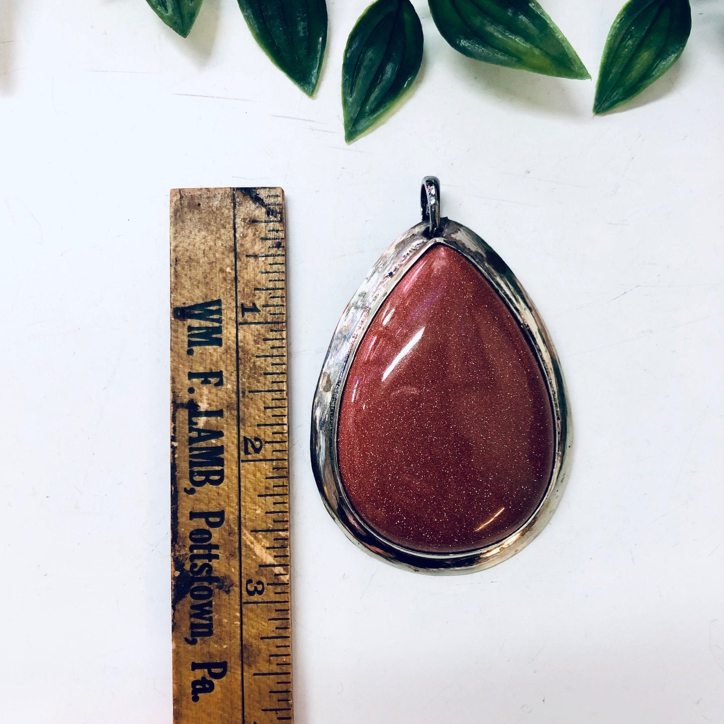 Vintage Druzy Quartz Pendant Necklace with Metal Setting, Sparkly Polished Stone Statement Jewelry with Ruler for Scale