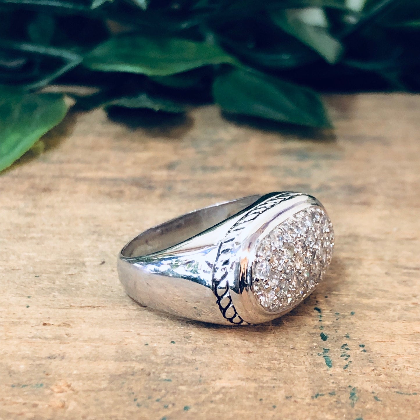 Vintage silver rope design ring with faux diamond accents on wooden surface with greenery in background