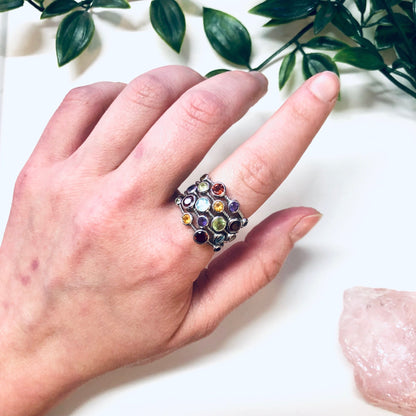 Vintage 925 silver statement ring with multiple colorful gemstone bands in purple, blue, red, green and yellow, shown on a hand with plant leaves in the background.