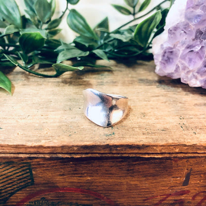 Vintage silver abstract band ring with unique, minimalist design on rustic wooden surface with purple amethyst crystal and green foliage in background.