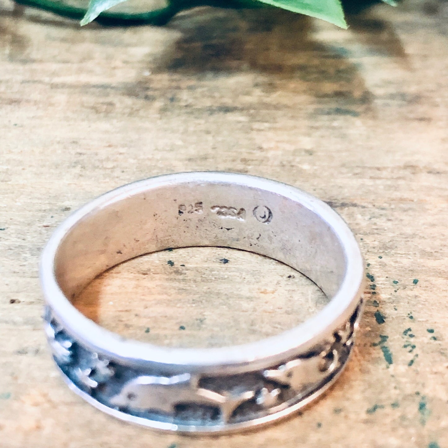 Vintage silver ring with thin band featuring dolphin and sun designs, placed on wooden surface with green leaf in background.