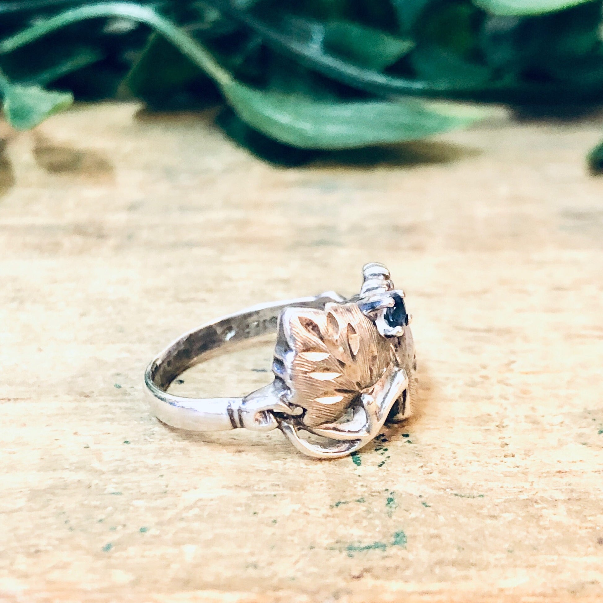 Vintage silver leaf ring with blue gemstone, etched silver 925 ring for anniversary or birthstone gift