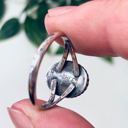 Vintage silver ring with blue and brown stone cabochon, simple southwestern jewelry, unique 925 gemstone ring held between fingers