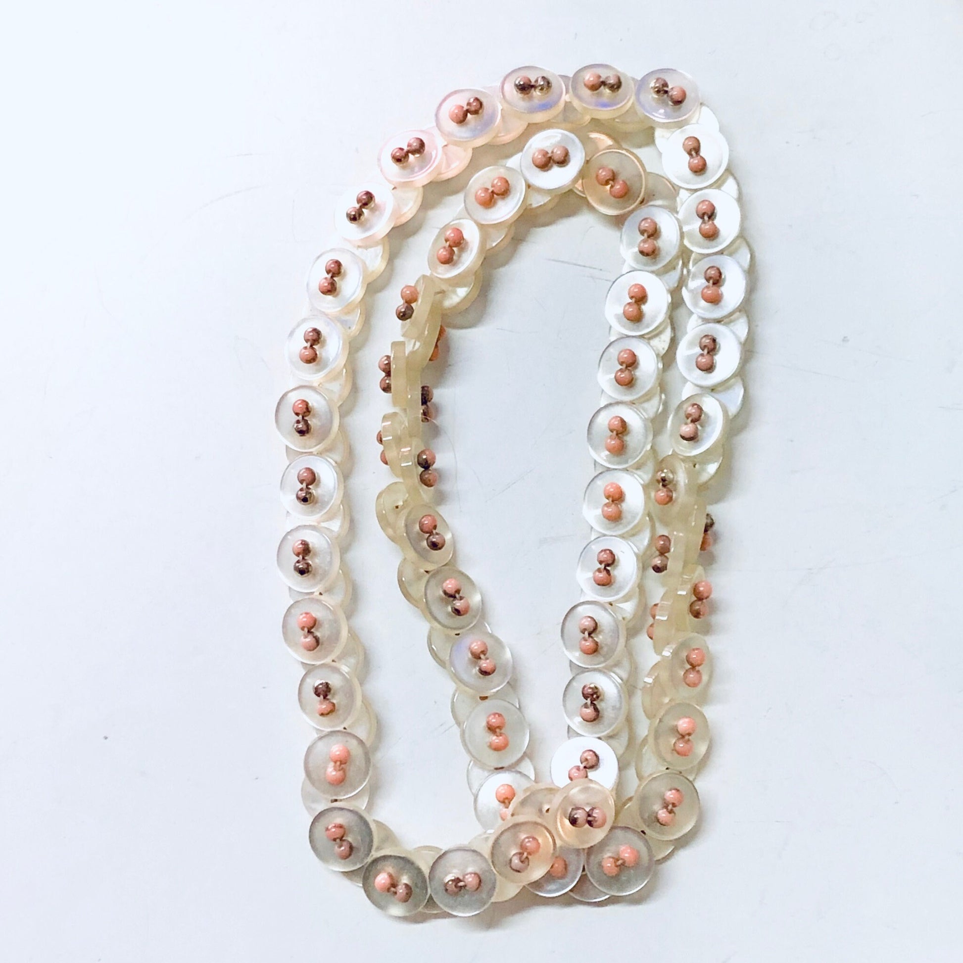 Vintage white pearlescent button necklace with pink beads, beaded strand necklace, button jewelry