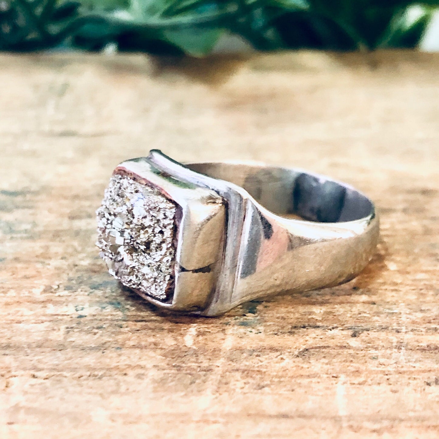 Vintage silver cocktail ring with raw quartz and pyrite stone in unique square design