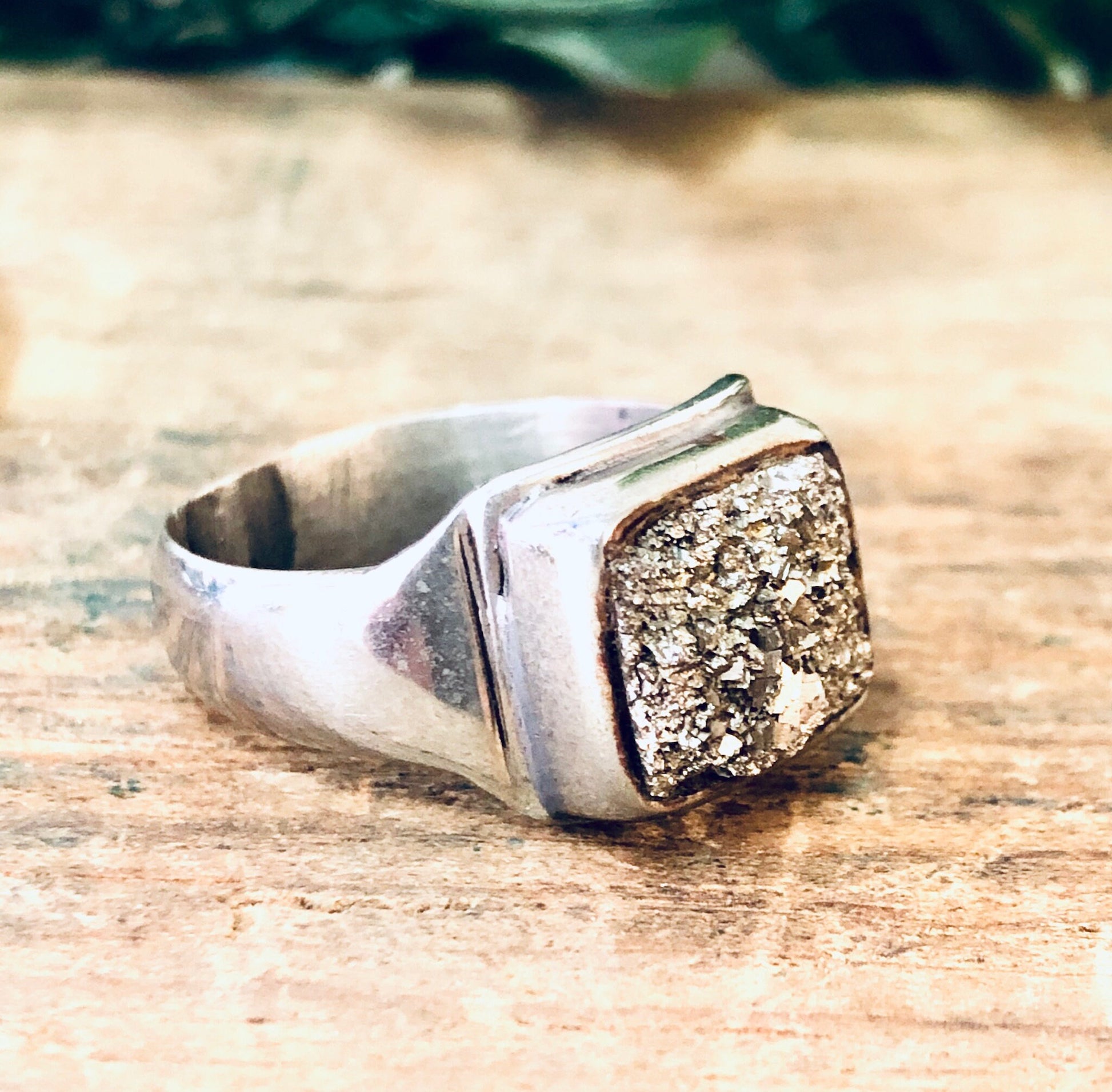 Vintage silver cocktail ring with raw quartz crystal and pyrite fool's gold in a unique square design, handcrafted from 925 sterling silver.