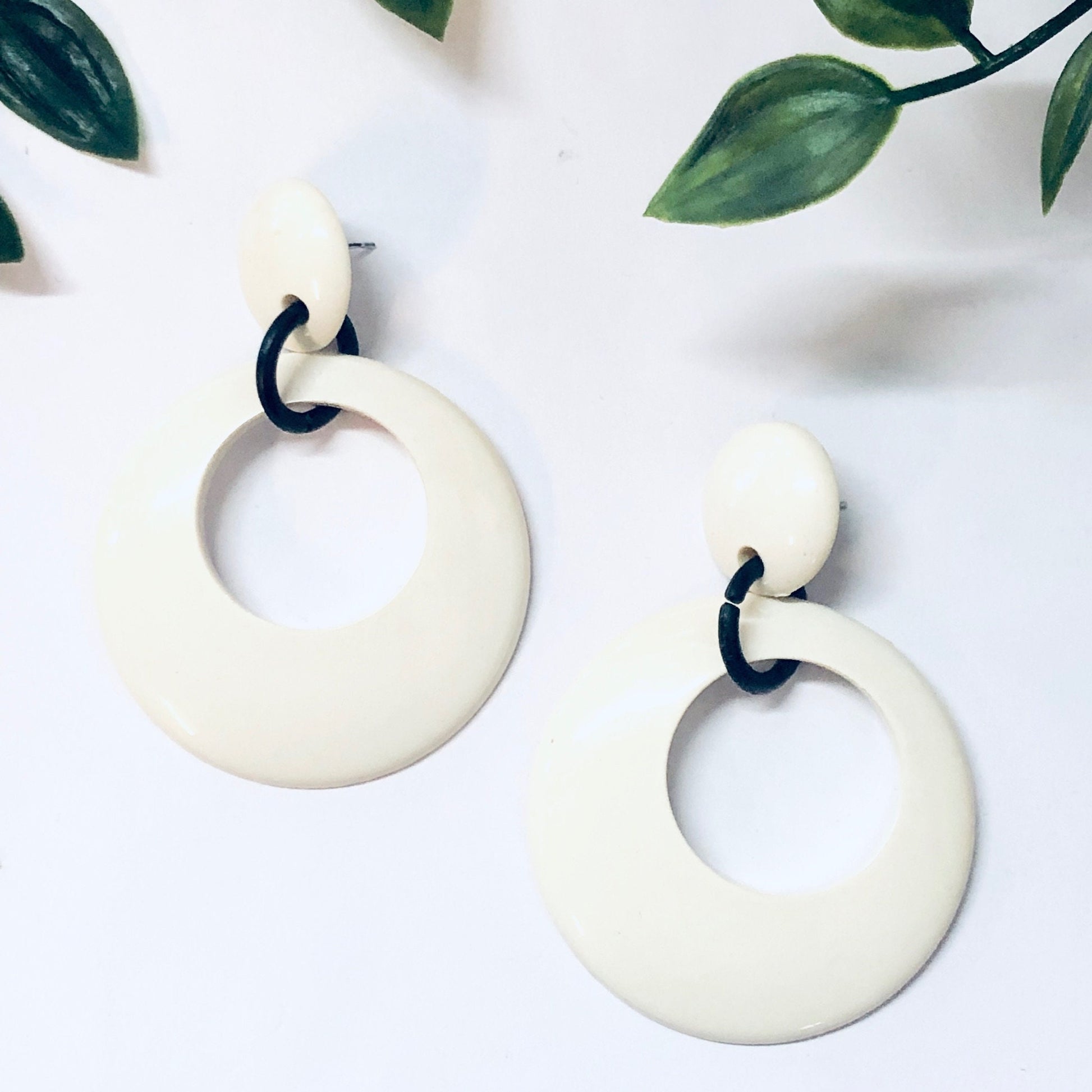 Vintage white plastic hoop earrings with black accent, large dangle earrings for pierced ears, minimalist 70s costume jewelry