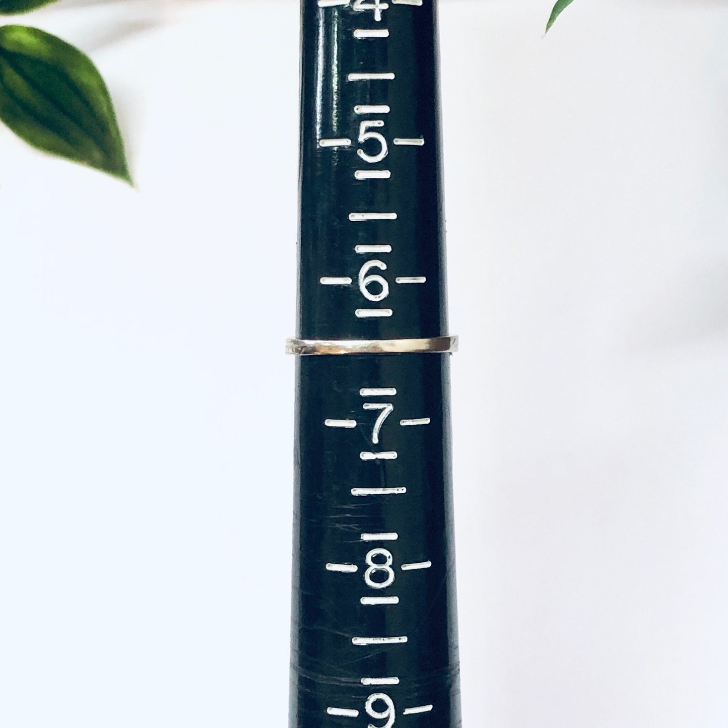 White gold vintage ring with aquamarine stone sitting next to leaves, showing measurement markings on the band