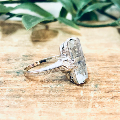 Vintage 18K white gold aquamarine ring with intricate detailing, photographed on a rustic wooden surface with green leaves in the background.