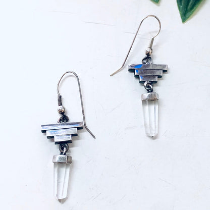 Vintage silver pyramid earrings with quartz crystal dangles, statement jewelry for healing.