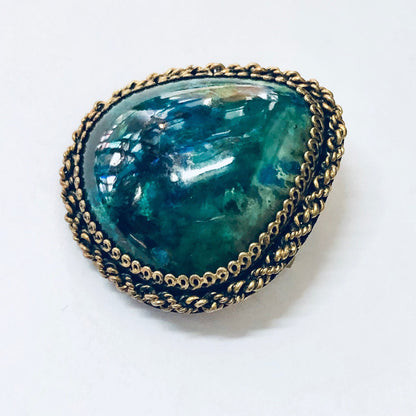 Vintage gold-plated silver brooch pendant with unique blue-green stone, made in Israel, can be worn as a necklace.