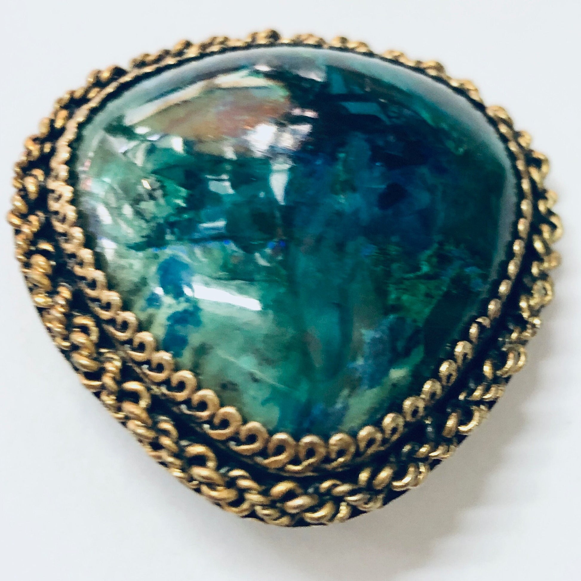 Vintage gold plated silver brooch pendant necklace with unique blue and green stone, made in Israel