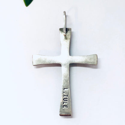Vintage Zuni silver cross pendant with turquoise accents, religious jewelry from L IULE