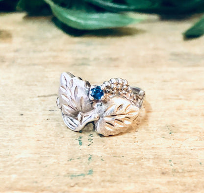 Vintage silver leaf ring with blue gemstone, perfect anniversary gift or birthstone jewelry, intricate etched 925 silver band