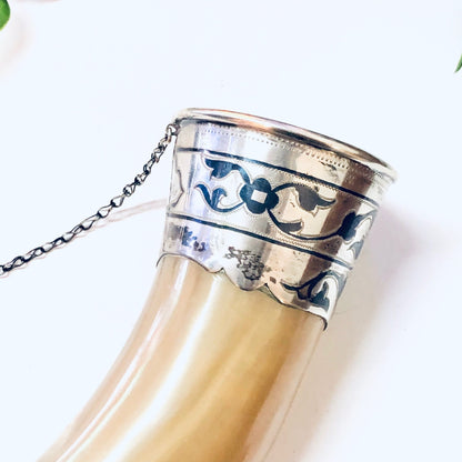 Vintage decorative horn cup with silver accents, unique wall decor hanging