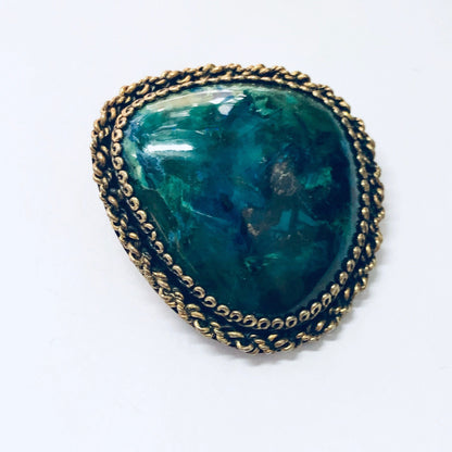 Vintage silver and gold-plated brooch pendant necklace with unique blue-green stone, made in Israel.