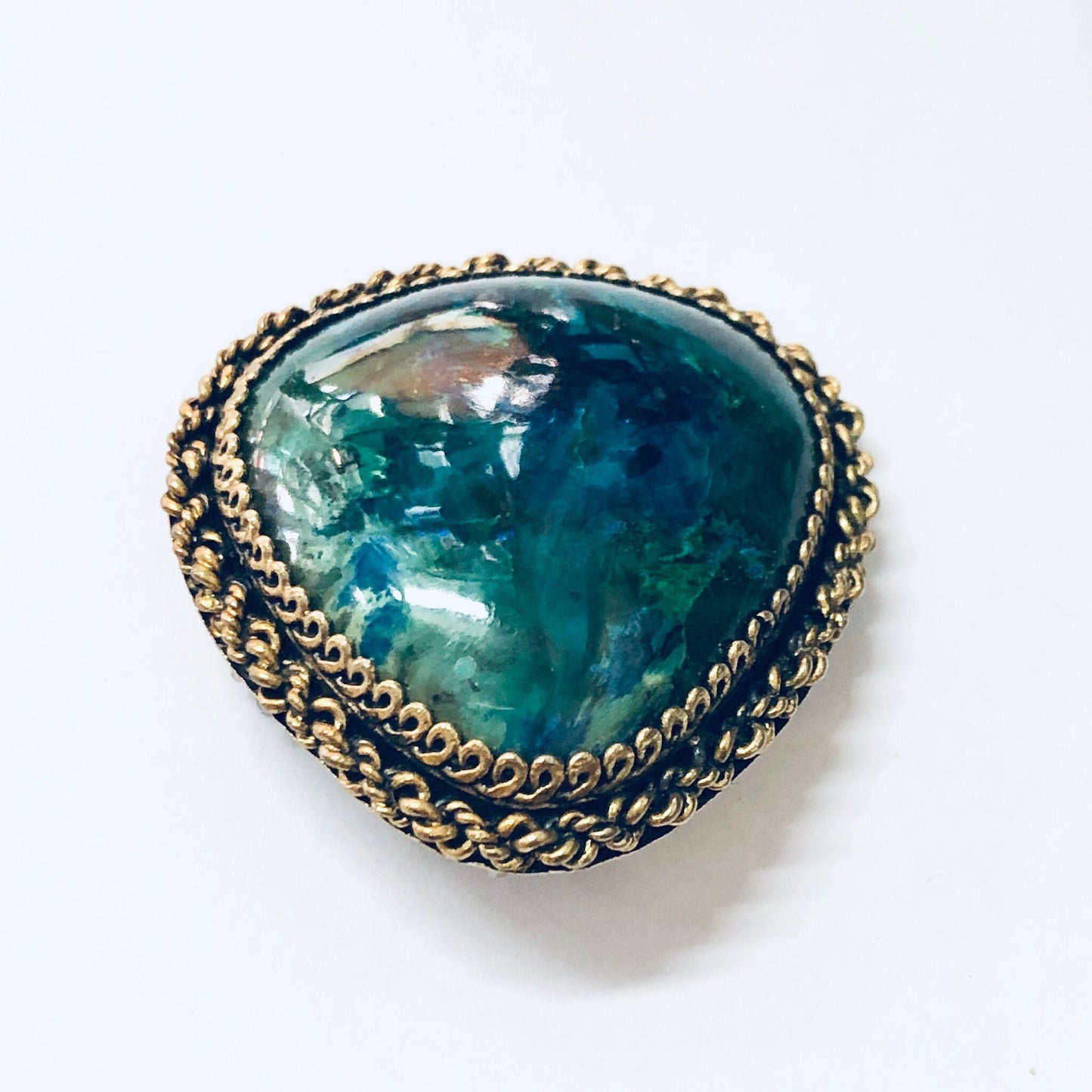 Vintage silver brooch with blue and green stone, made in Israel, gold plated silver, can be worn as pendant or necklace.