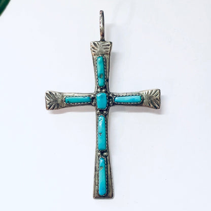 Vintage Zuni silver cross pendant with turquoise inlay, religious jewelry from L IULE