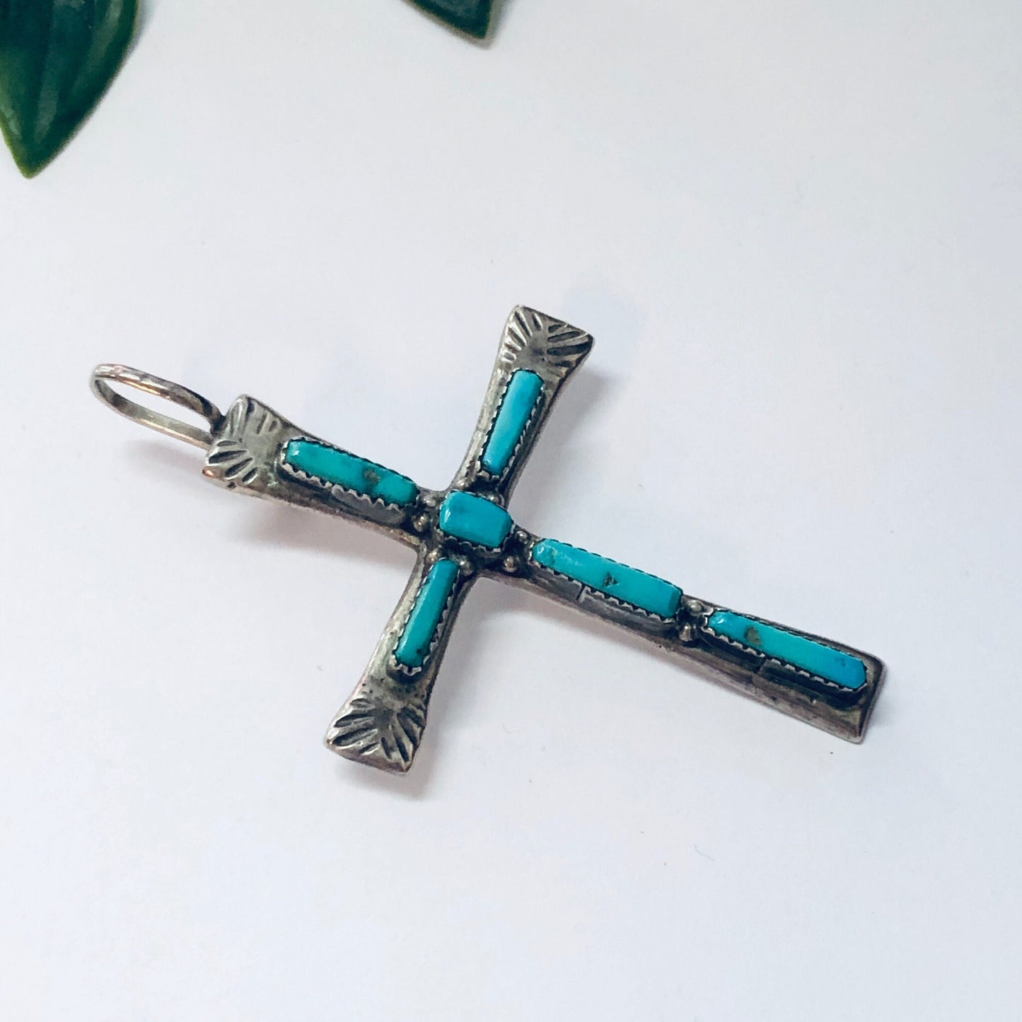 Vintage Zuni silver cross pendant with turquoise inlays, religious jewelry from L IULE