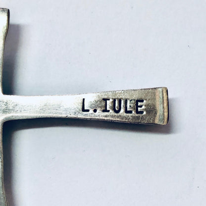 Vintage silver cross pendant with "L. IULE" engraved, old religious jewelry from Zuni tribe