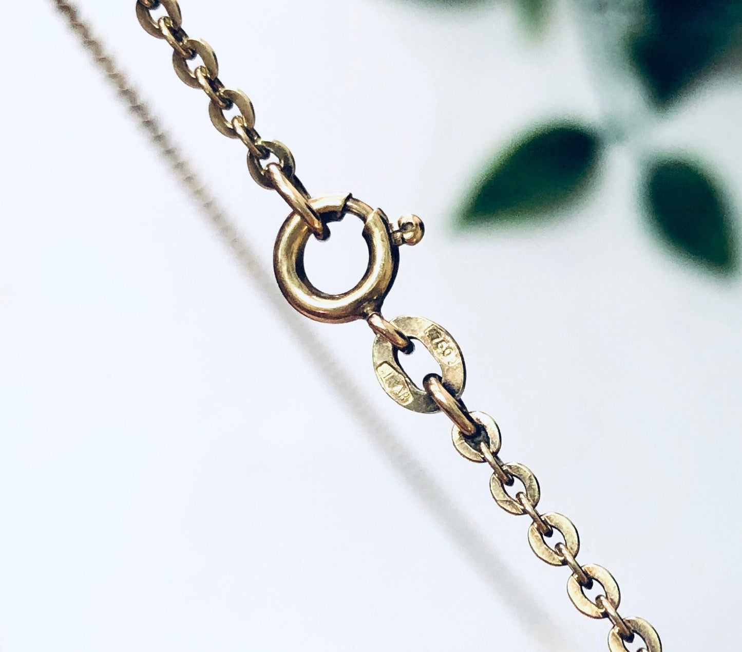 Gold chain necklace with round and oval links on white background