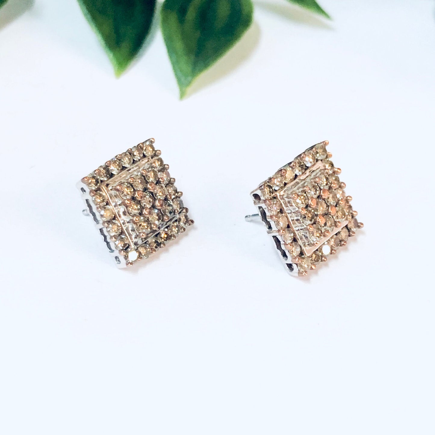 Vintage 10K gold diamond cluster earrings in Art Deco style square stud design