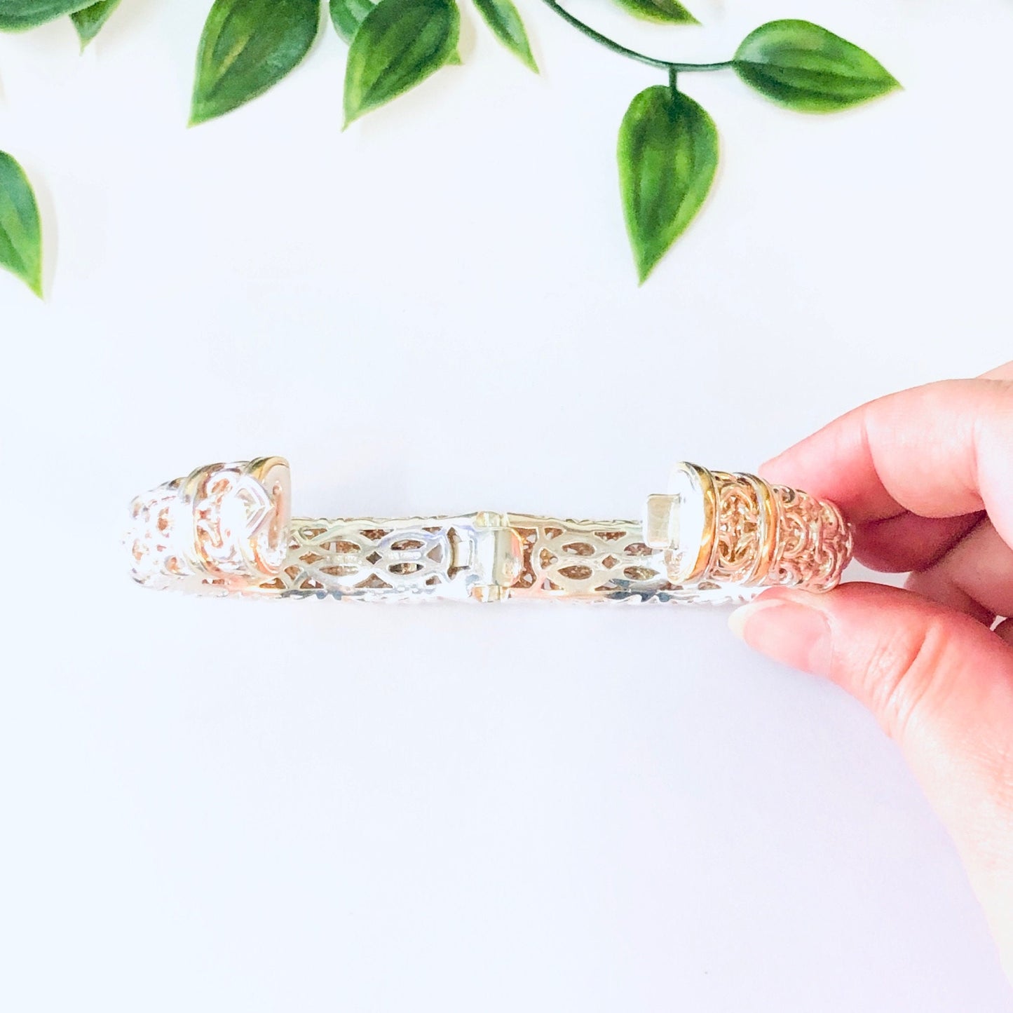 Vintage silver bangle bracelet with gold accents held in front of green leaves on white background