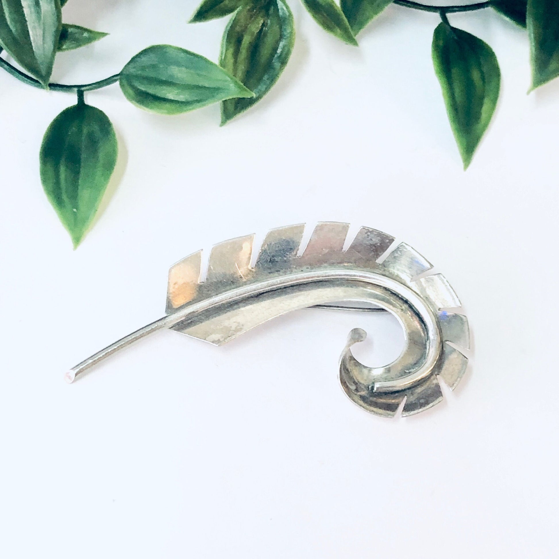 Vintage silver curved feather brooch pin, abstract statement jewelry piece, displayed with green leaves on white background.