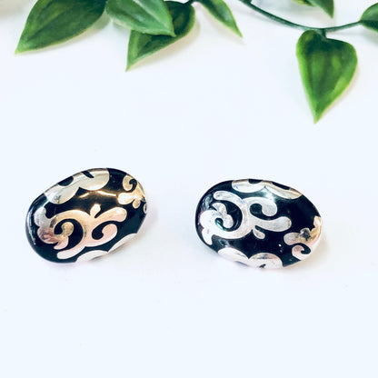 Vintage silver and black swirl design pierced stud earrings, 925 silver, unique jewelry