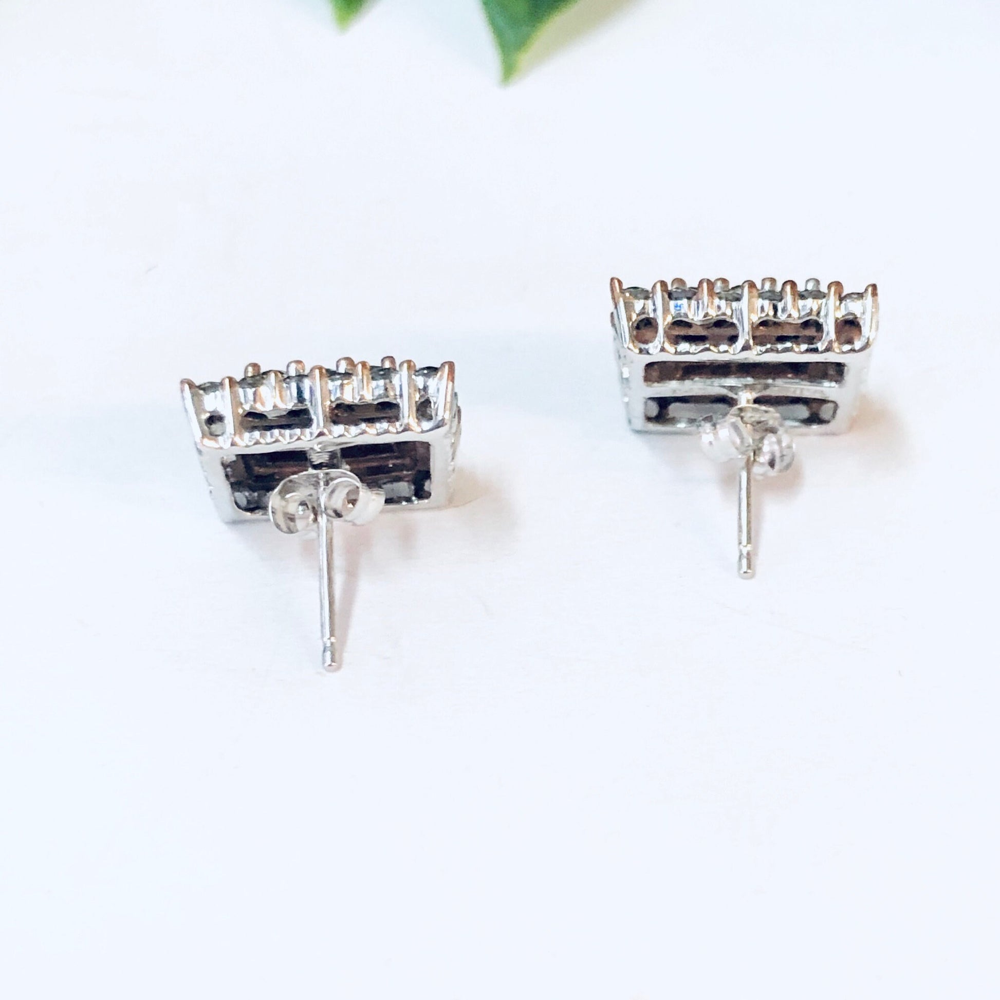 Vintage 10K white gold diamond cluster stud earrings in Art Deco style