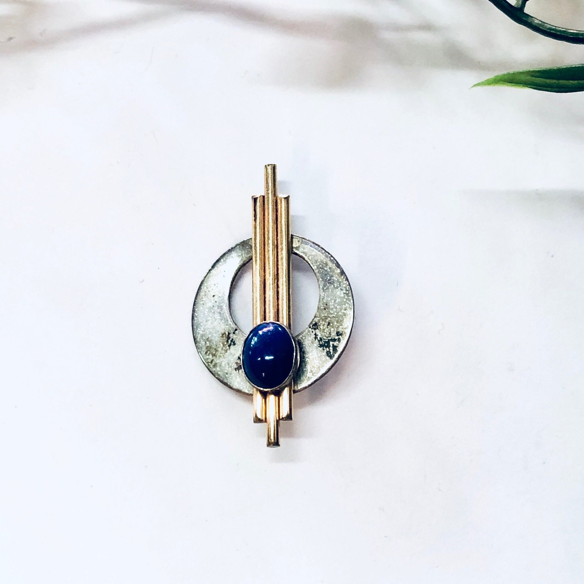 Vintage silver and gold filled abstract brooch with blue stone centerpiece, minimalist unique pin jewelry