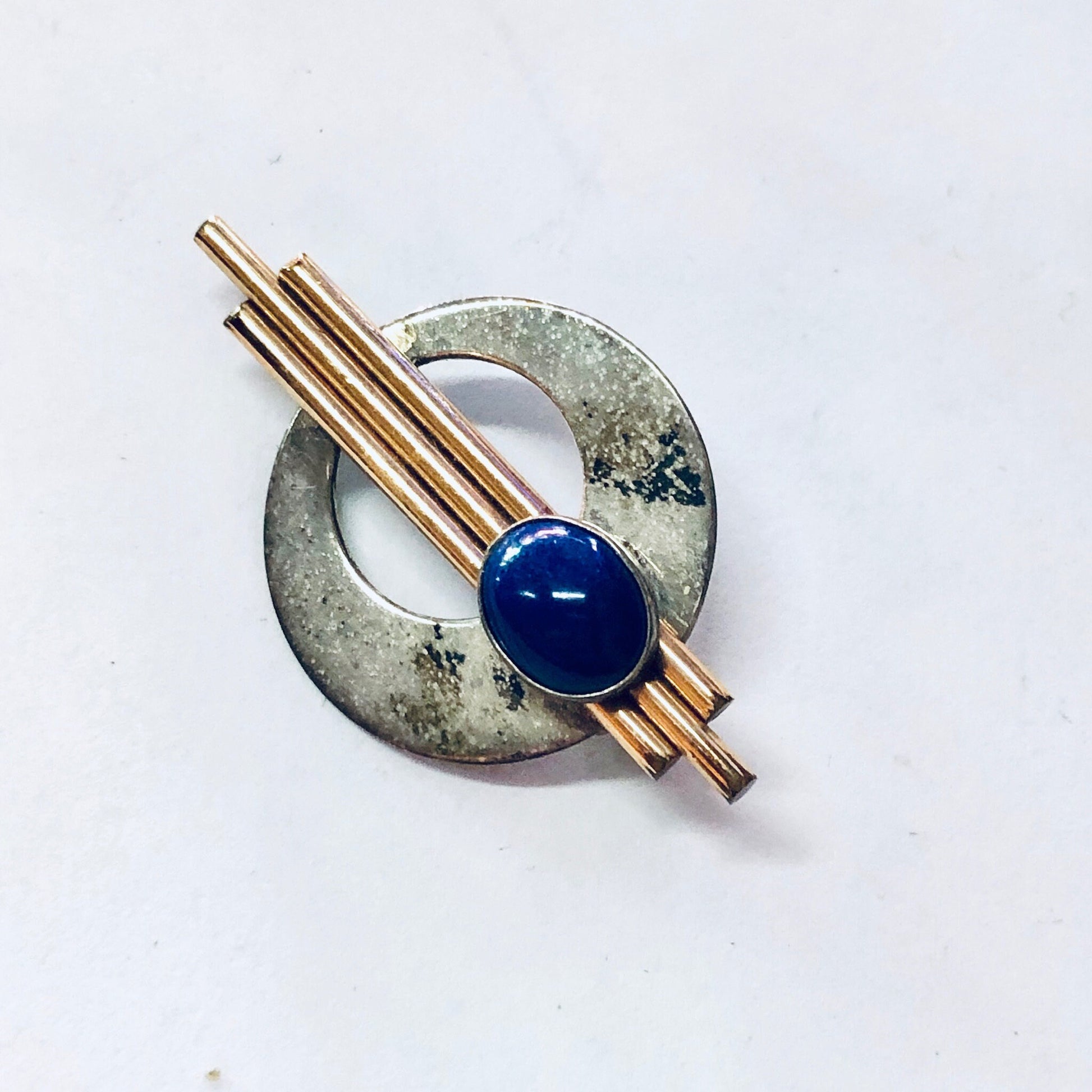 Vintage silver and gold filled abstract brooch with blue stone centerpiece, minimalist unique pin jewelry