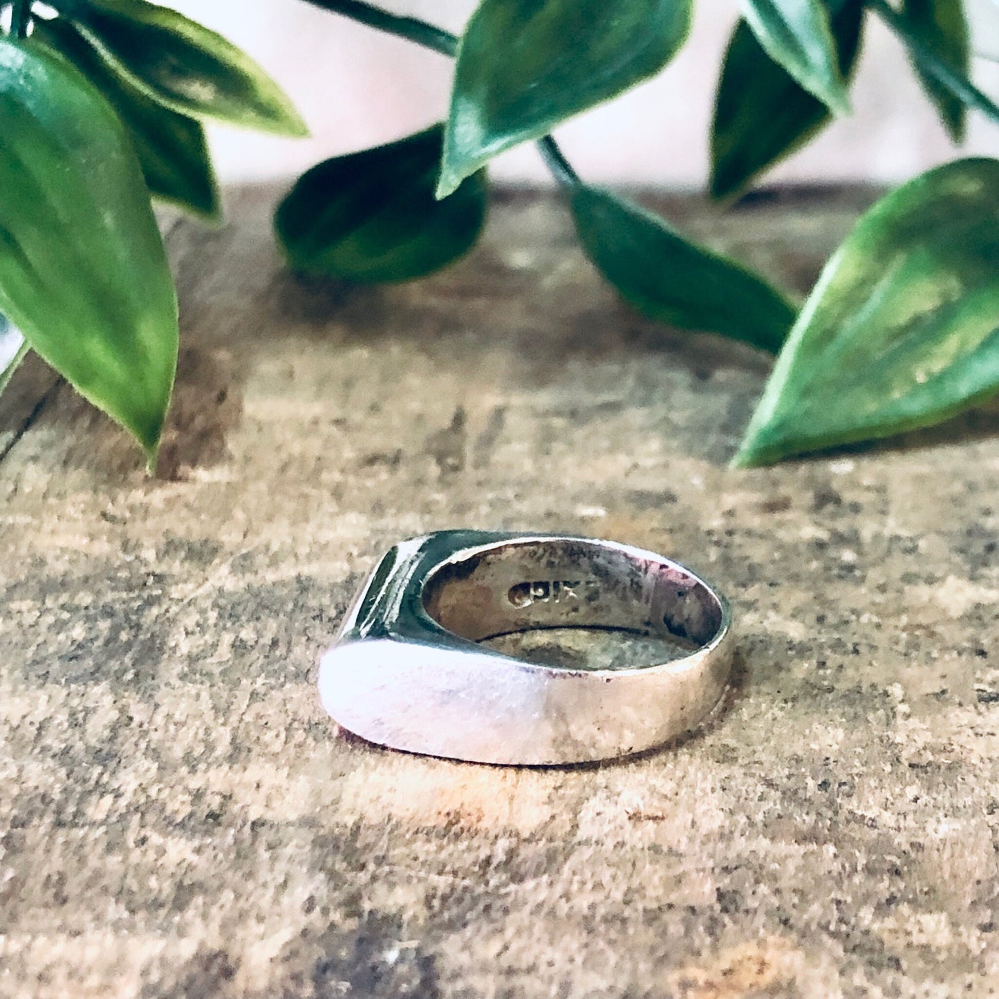 Vintage silver band ring on rustic wood surface with green plant leaves in background