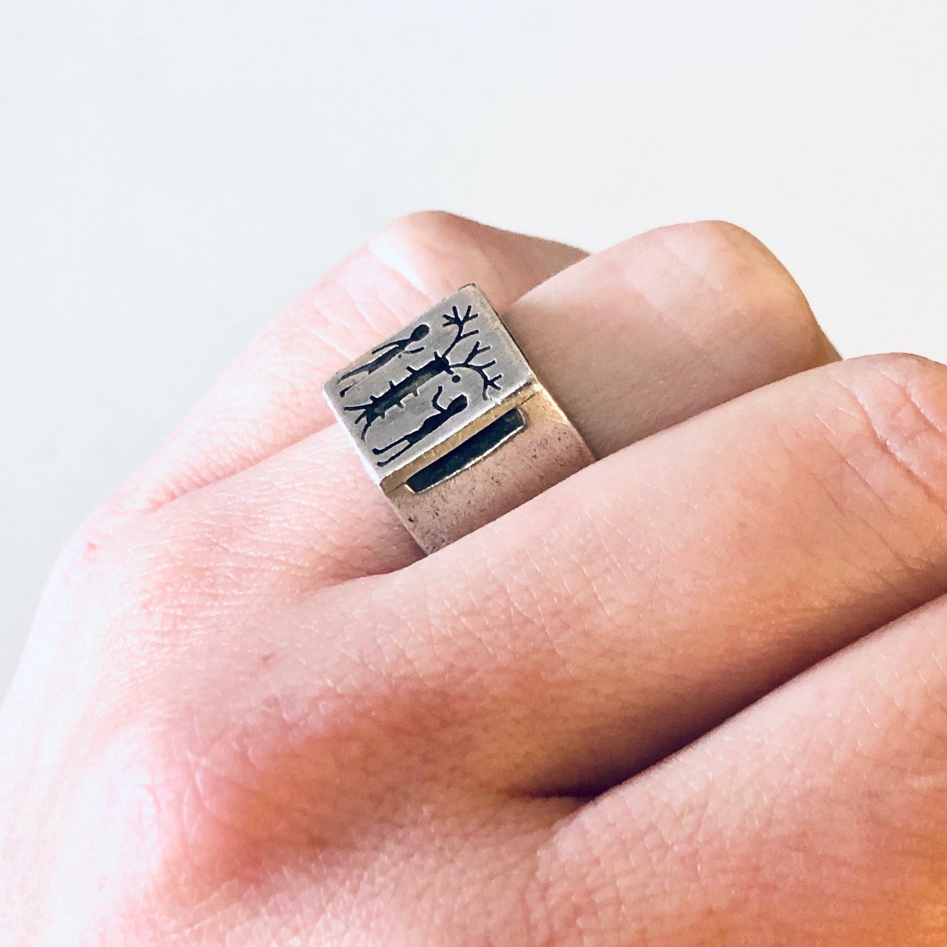 Vintage silver Adam and Eve ring featuring the forbidden fruit tree of life design, a unique religious jewelry piece crafted from 925 sterling silver.