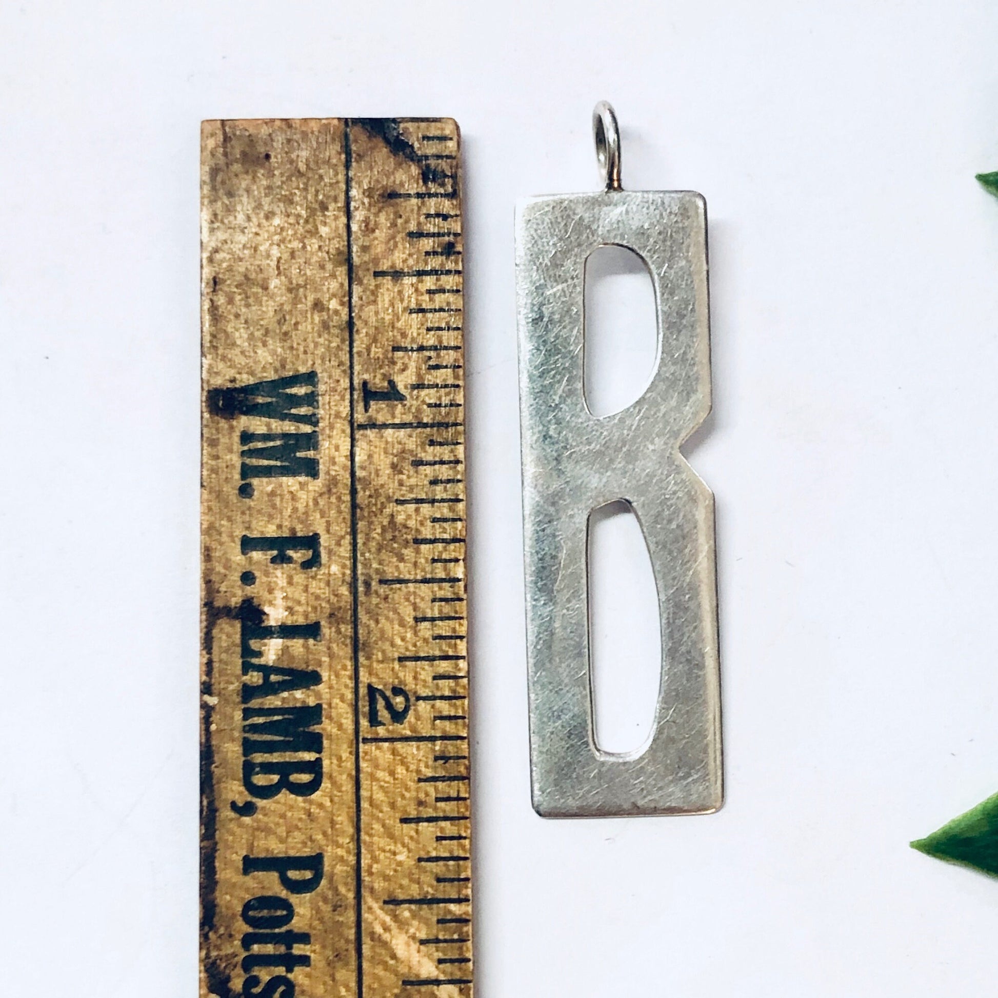 Vintage silver 925 initial "B" name pendant necklace by Leonore Doskow with ruler for scale