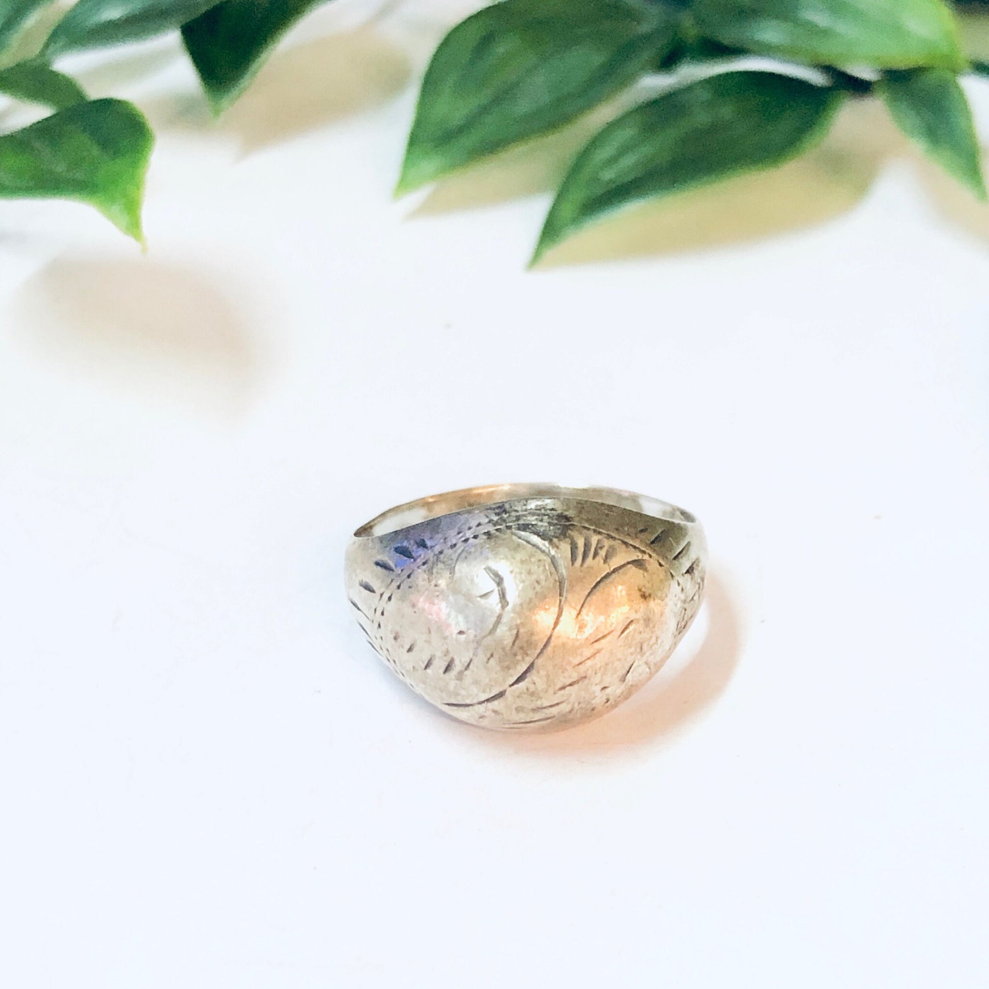 Vintage silver dome ring with etched design on white background with green leaves