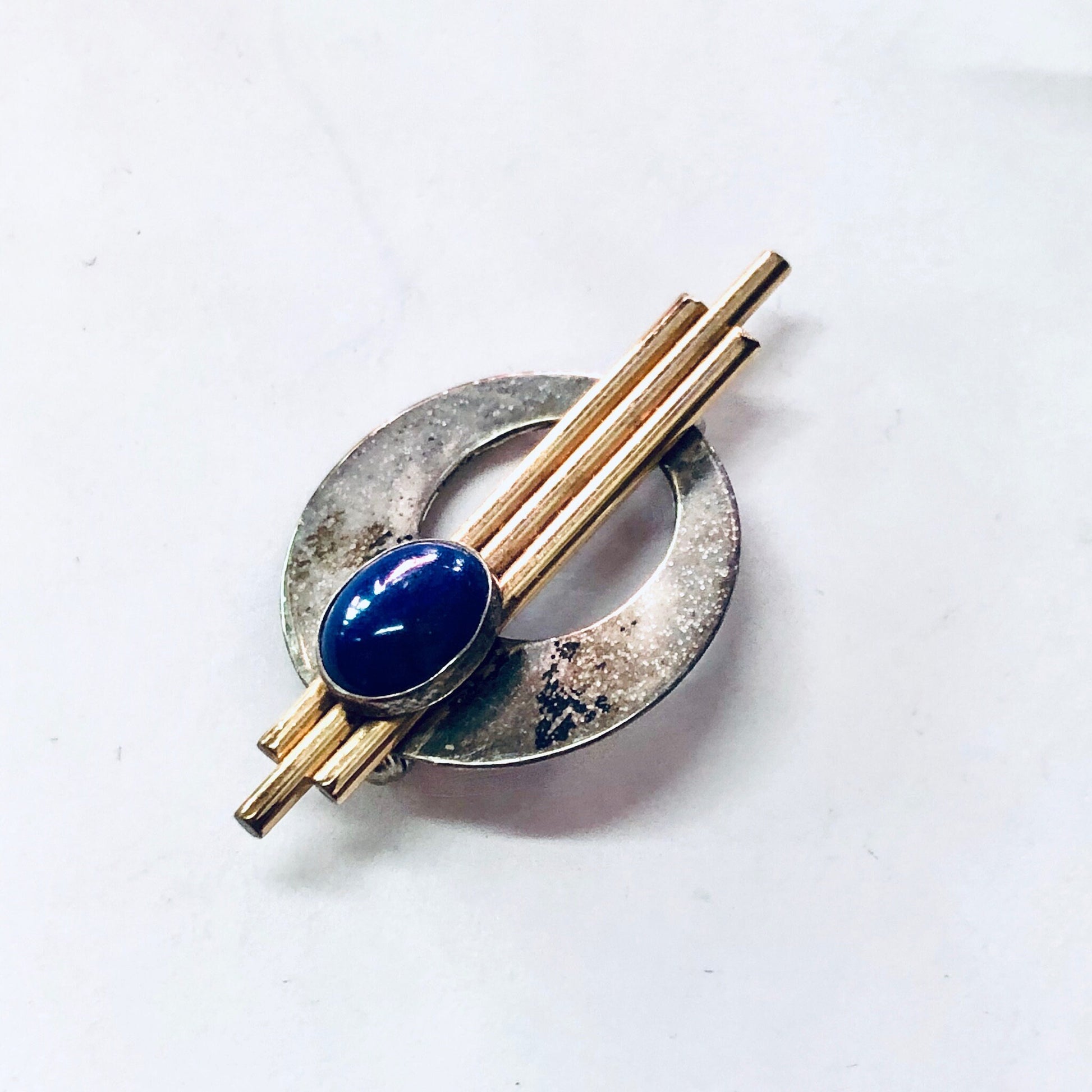 Vintage abstract silver and gold filled brooch pin with blue stone cabochon, minimalist geometric design, 925 sterling silver jewelry.