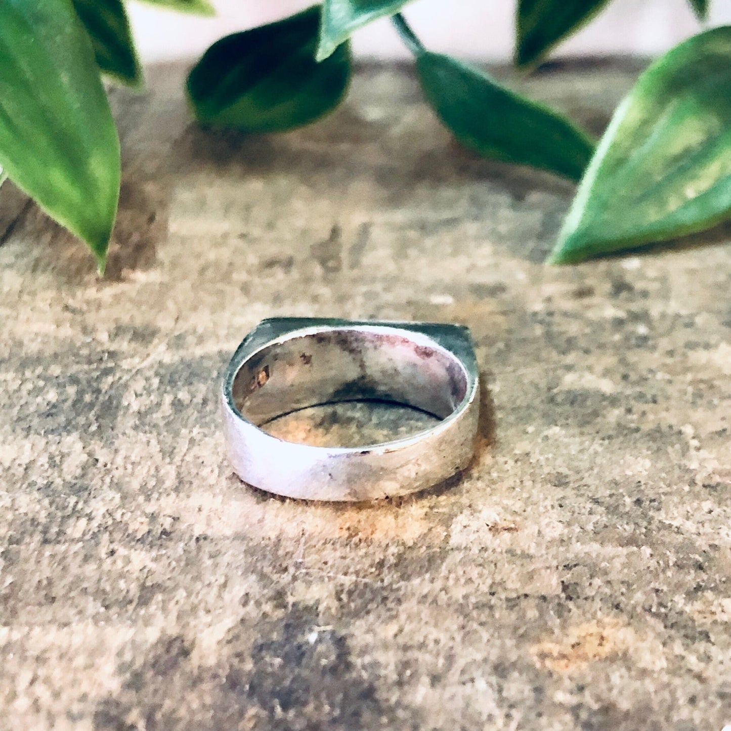 Vintage silver band ring on rustic background with green leaves