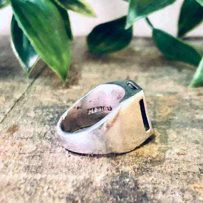 Vintage silver Adam and Eve ring with forbidden fruit and Tree of Life design on concrete surface with green leaves in background, unique religious jewelry from 925 silver