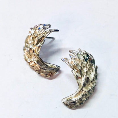 Vintage silver feather leaf earrings with sparkling design, perfect for pierced ears and unique jewelry style