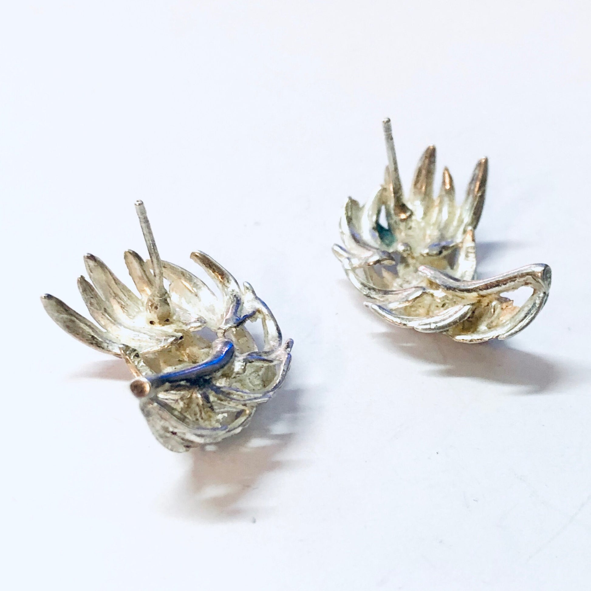 Vintage silver feather leaf earrings with blue accents, sparkly unique jewelry for pierced ears, 925 sterling silver