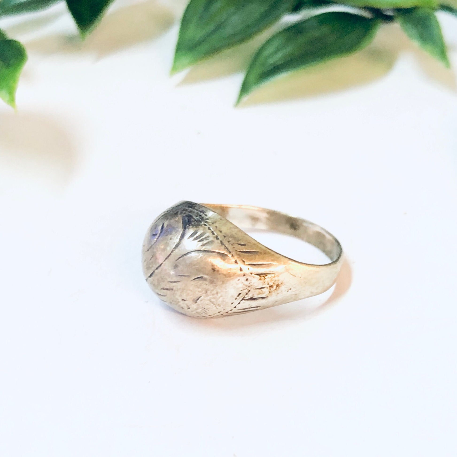 Vintage silver dome ring with etched design, unique everyday jewelry piece surrounded by green leaves on a white background.