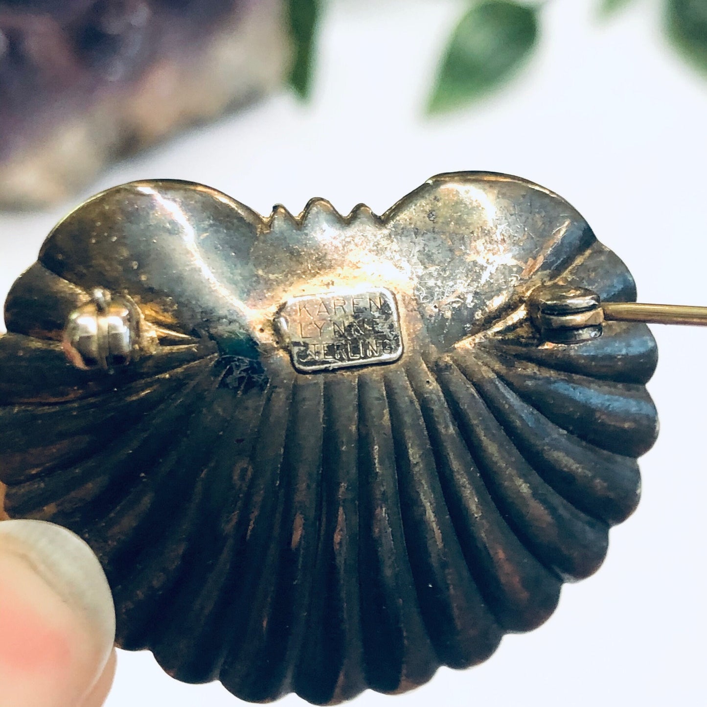 Antique gold-washed sterling silver shell brooch with matte black patina and pearl accent, designed by Karen Lynne in the Art Nouveau style.