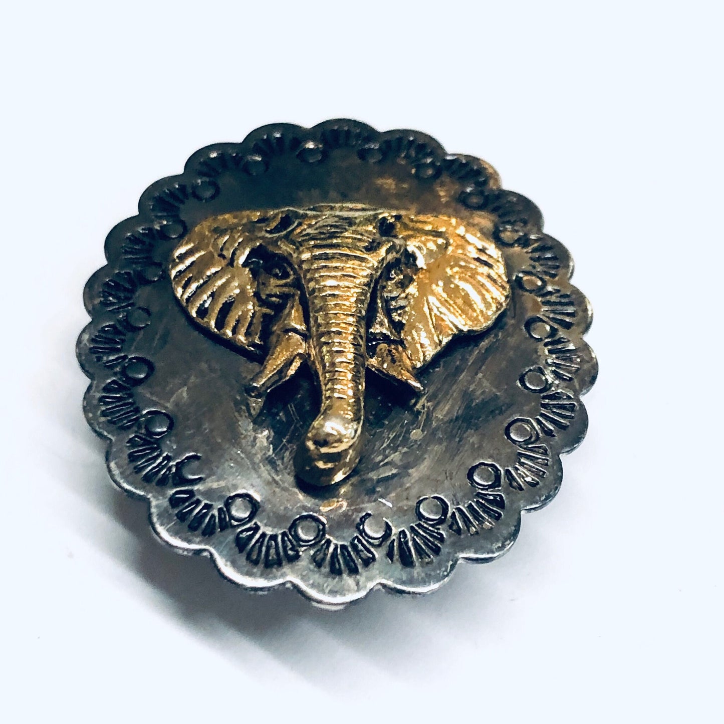 Concho and Elephant Clip On Earrings, Elephant Jewelry, Silver Conchos, Animal Jewelry, Gold Elephants