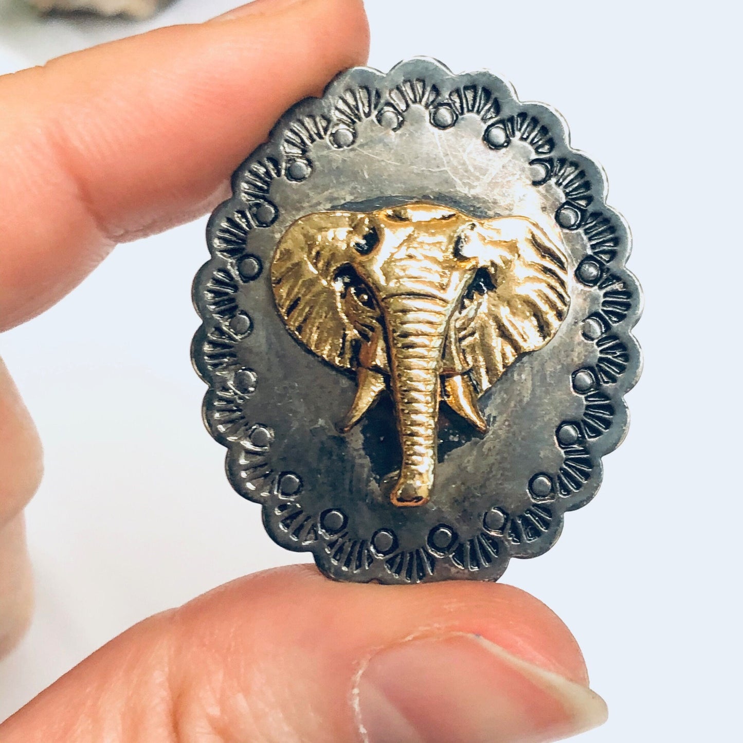 Concho and Elephant Clip On Earrings, Elephant Jewelry, Silver Conchos, Animal Jewelry, Gold Elephants